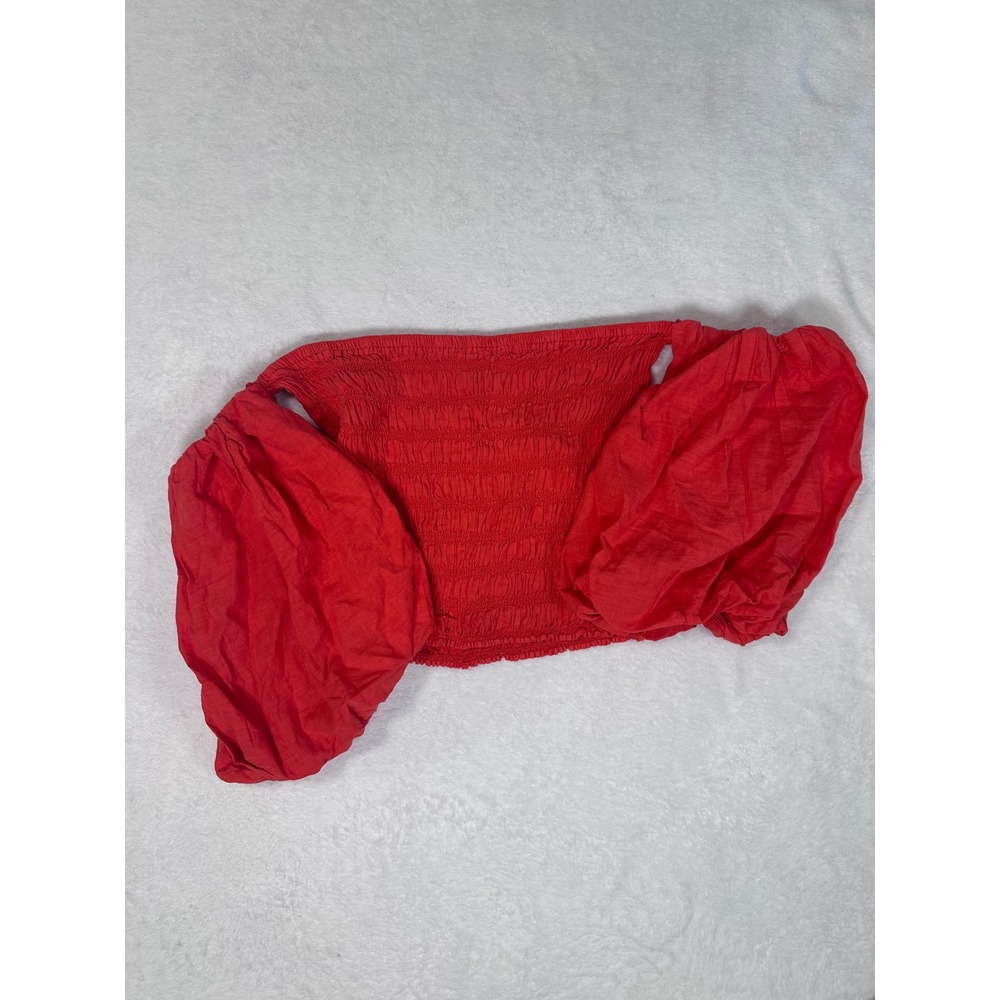 YFB Young Fabulous & Broke Red Smocked Off Shoulder Puff Sleeve Crop Top - Picture 2 of 3